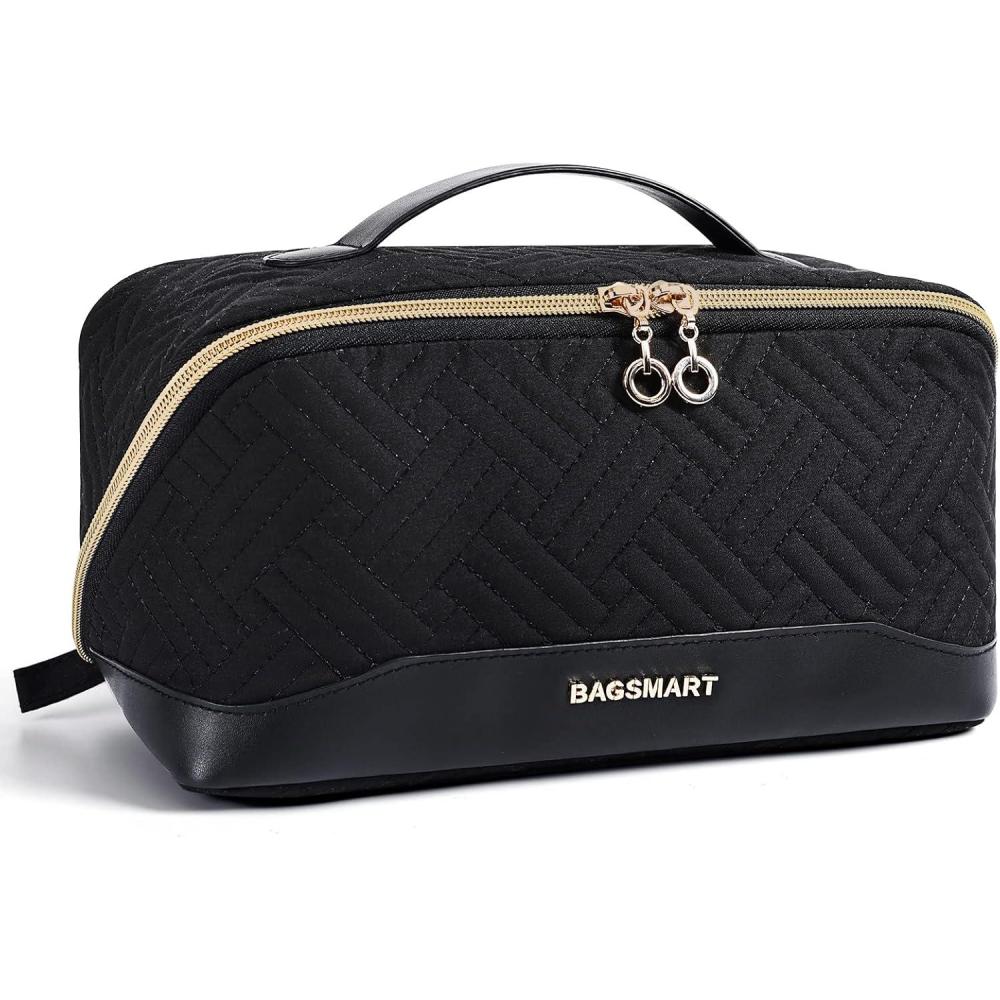 image:imageBAGSMART Travel Makeup Bag for Women Portable Waterresistant Cosmetic Case Puffy Padded Make Up Organizer Pouch Open Flat Toiletry Bag for Toiletries Brushes PurpleBlack
