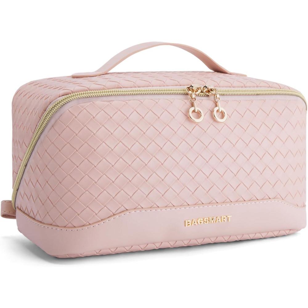 image:imageBAGSMART Travel Makeup Bag for Women Portable Waterresistant Cosmetic Case Puffy Padded Make Up Organizer Pouch Open Flat Toiletry Bag for Toiletries Brushes Purple14APink