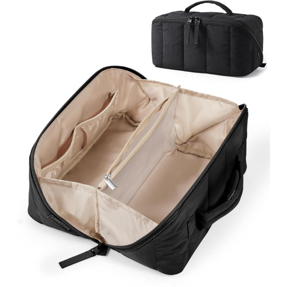 image:imageBAGSMART Travel Makeup Bag for Women Portable Waterresistant Cosmetic Case Puffy Padded Make Up Organizer Pouch Open Flat Toiletry Bag for Toiletries Brushes Purple01Black