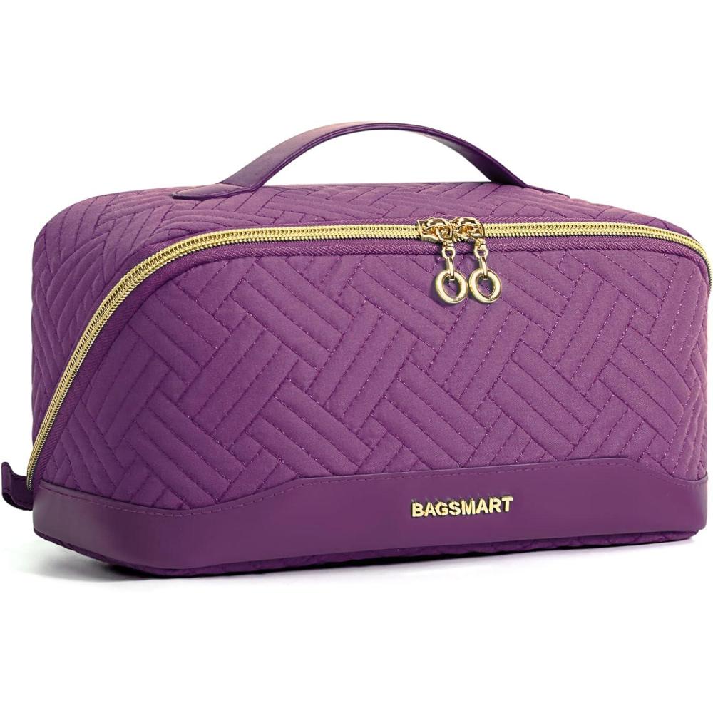 image:imageBAGSMART Travel Makeup Bag for Women Portable Waterresistant Cosmetic Case Puffy Padded Make Up Organizer Pouch Open Flat Toiletry Bag for Toiletries Brushes Purple12Purple