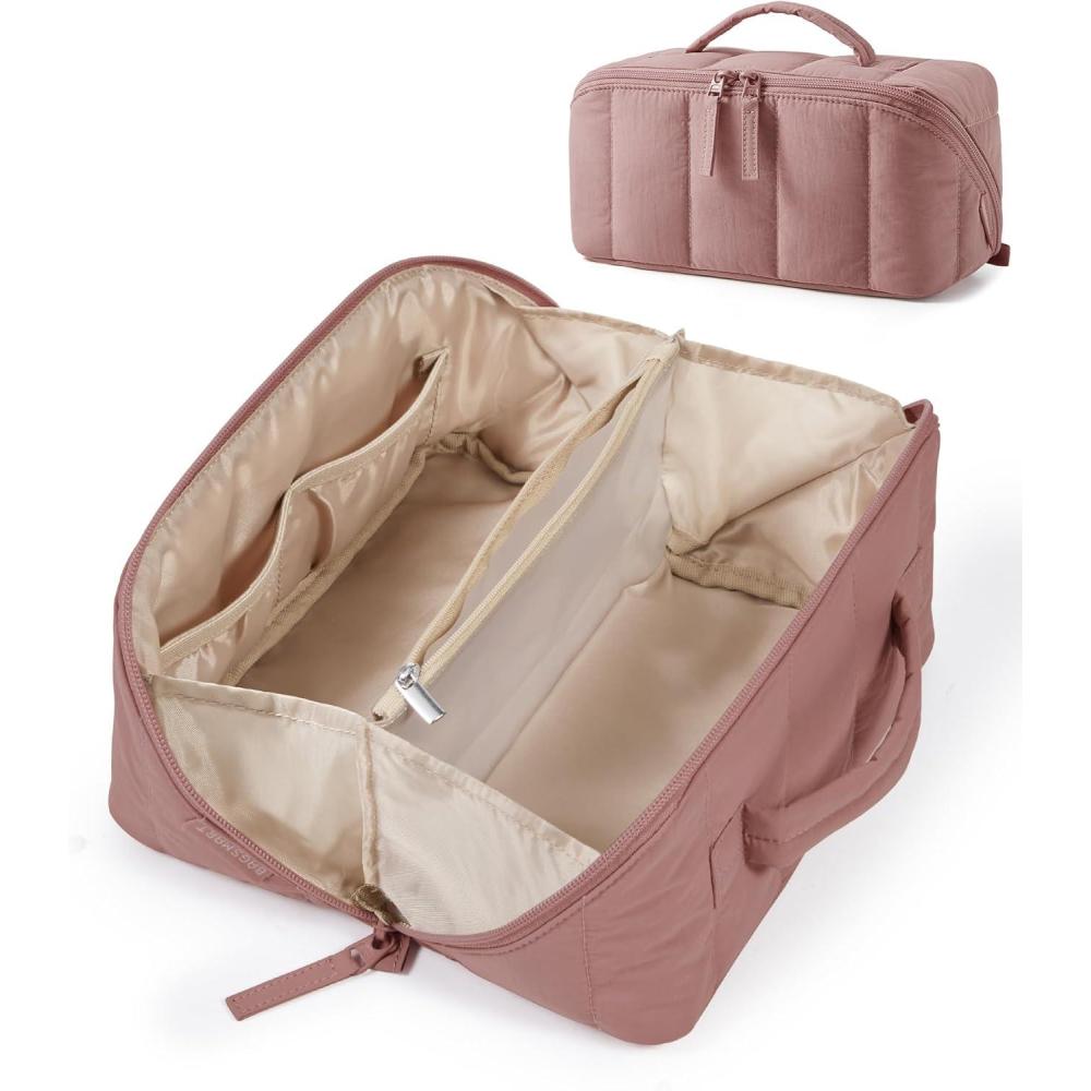 image:imageBAGSMART Travel Makeup Bag for Women Portable Waterresistant Cosmetic Case Puffy Padded Make Up Organizer Pouch Open Flat Toiletry Bag for Toiletries Brushes Purple05Dark Pink