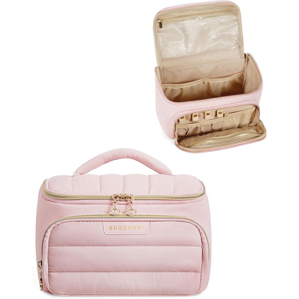 image:imageBAGSMART Travel Makeup Bag with Jewelry Organizer Portable Make Up Bag Puffy WideOpening Cosmetic Storage Pouch for Womens Toiletries and Travel Essentials Baby PinkBaby Pink
