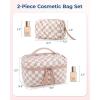 BAGSMART Travel Makeup Bag, 2-Piece Puffy Quilted Cute Make Up Bag Cosmetic Bags for Women, Large Wide-Open Toiletry Pouch Gifts for Toiletries Accessories Travelling Essentials, Pink(Checkered Khaki)