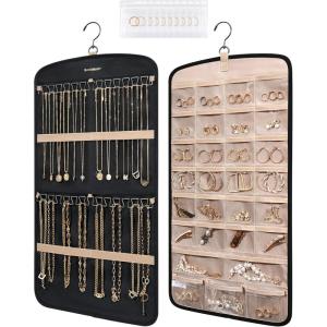 BAGSMART Hanging Jewelry Organizer, Necklace Holder Anti-tangle Earrings Rings Hanger with 20 Jewelry Bags Travel Storage Roll with Pockets Hang on Closet, Wall, Door,1 Piece, Large, Black(Black)
