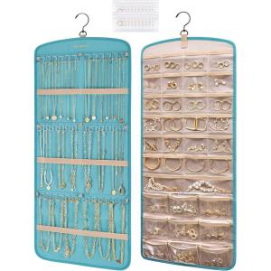 BAGSMART Hanging Jewelry Organizer, Necklace Holder Anti-tangle Earrings Rings Hanger with 20 Jewelry Bags Travel Storage Roll with Pockets Hang on Closet, Wall, Door,1 Piece, Large, Black(Teal)