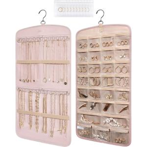 BAGSMART Hanging Jewelry Organizer, Necklace Holder Anti-tangle Earrings Rings Hanger with 20 Jewelry Bags Travel Storage Roll with Pockets Hang on Closet, Wall, Door,1 Piece, Large, Black(Pink)