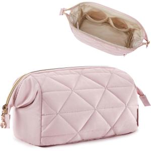 BAGSMART Makeup Bag Travel Makeup Bag, Cute Puffy Make Up Bag, Wide-open Cosmetic Bags for Women, Small Makeup Pouch for Travel Essentials Toiletries Accessories (Black)(B-Pink)