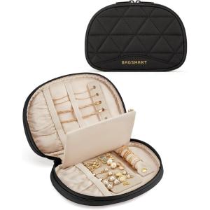 BAGSMART Travel Jewelry Case Jewelry Organizer Storage Roll Rings Necklaces Earrings Bracelets Brooches Watch Large Portable Light Pink(B-Black)