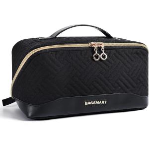 BAGSMART Travel Makeup Bag for Women, Portable Water-resistant Cosmetic Case, Puffy Padded Make Up Organizer Pouch, Open Flat Toiletry Bag for Toiletries, Brushes, Purple(Black)