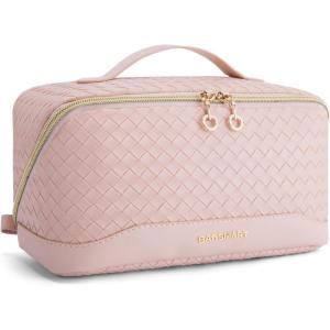 BAGSMART Travel Makeup Bag for Women, Portable Water-resistant Cosmetic Case, Puffy Padded Make Up Organizer Pouch, Open Flat Toiletry Bag for Toiletries, Brushes, Purple(14-A-Pink)