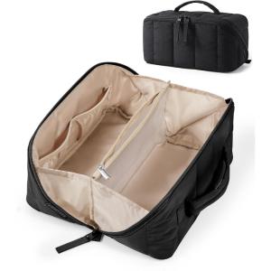 BAGSMART Travel Makeup Bag for Women, Portable Water-resistant Cosmetic Case, Puffy Padded Make Up Organizer Pouch, Open Flat Toiletry Bag for Toiletries, Brushes, Purple(01-Black)