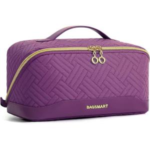 BAGSMART Travel Makeup Bag for Women, Portable Water-resistant Cosmetic Case, Puffy Padded Make Up Organizer Pouch, Open Flat Toiletry Bag for Toiletries, Brushes, Purple(12-Purple)