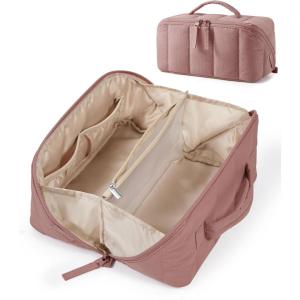 BAGSMART Travel Makeup Bag for Women, Portable Water-resistant Cosmetic Case, Puffy Padded Make Up Organizer Pouch, Open Flat Toiletry Bag for Toiletries, Brushes, Purple(05-Dark Pink)