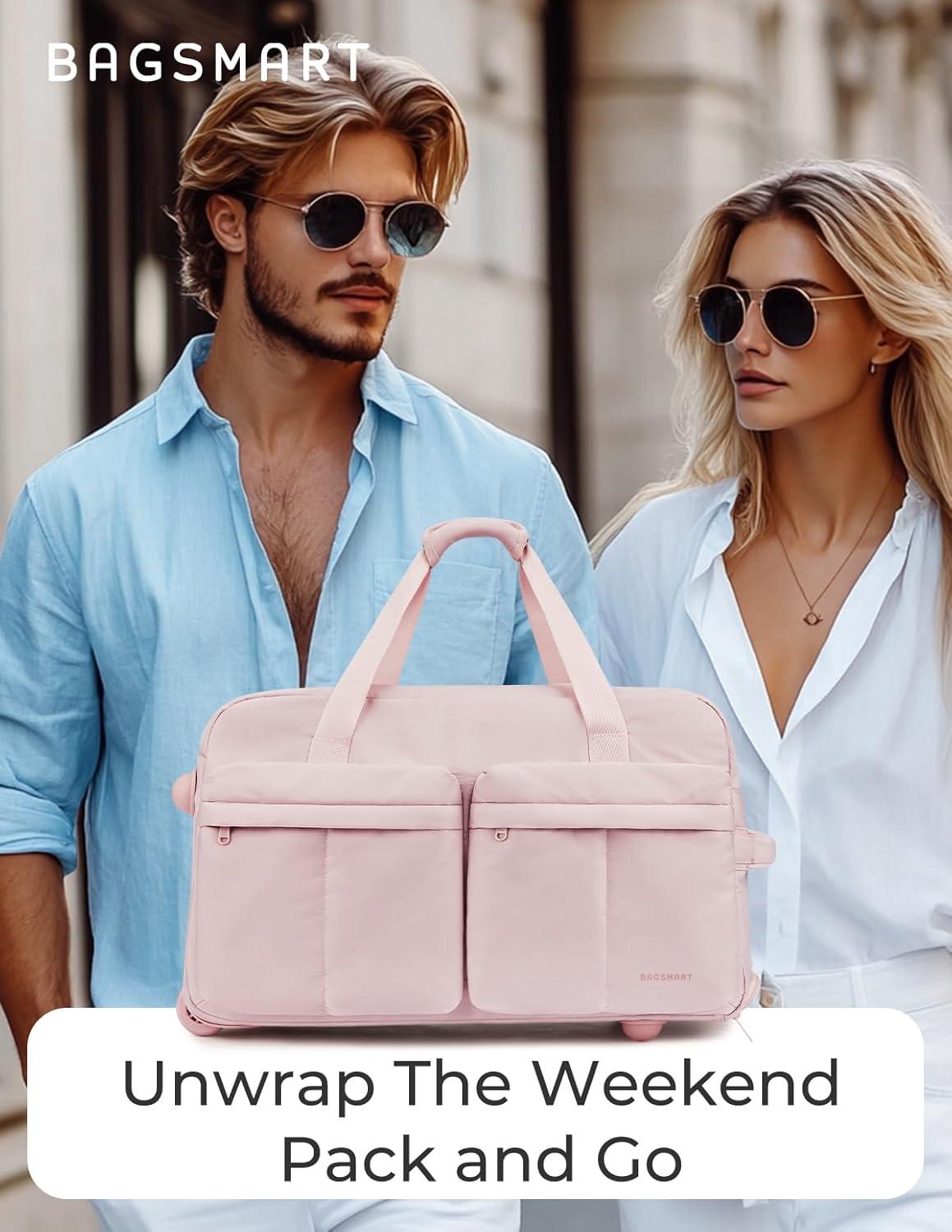 image:imageBAGSMART 42L Rolling Duffle Bag with Wheels Carry On Bag Duffel Bag for Travel Wet Pocket Duffle Bag with Wheels and Handle BrownPink