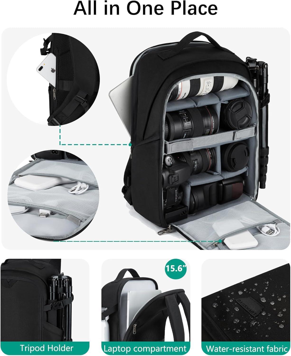 image:imageBAGSMART Camera Bag DSLR SLR Camera Backpack Fits up to 156 Laptop Camera Case for Photographers with Waterproof Rain Cover Tripod Holder BlackBlack