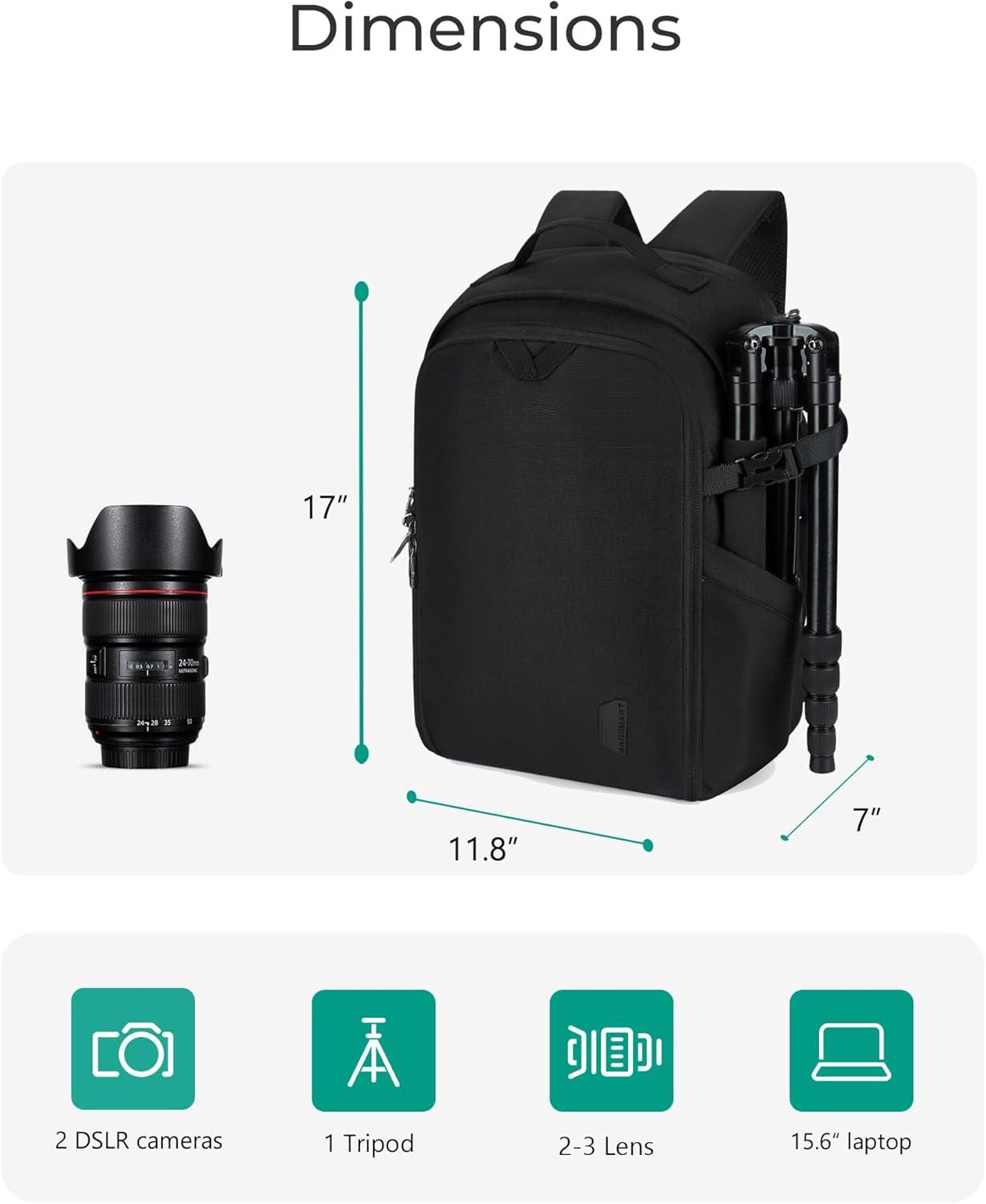 image:imageBAGSMART Camera Bag DSLR SLR Camera Backpack Fits up to 156 Laptop Camera Case for Photographers with Waterproof Rain Cover Tripod Holder BlackBlack