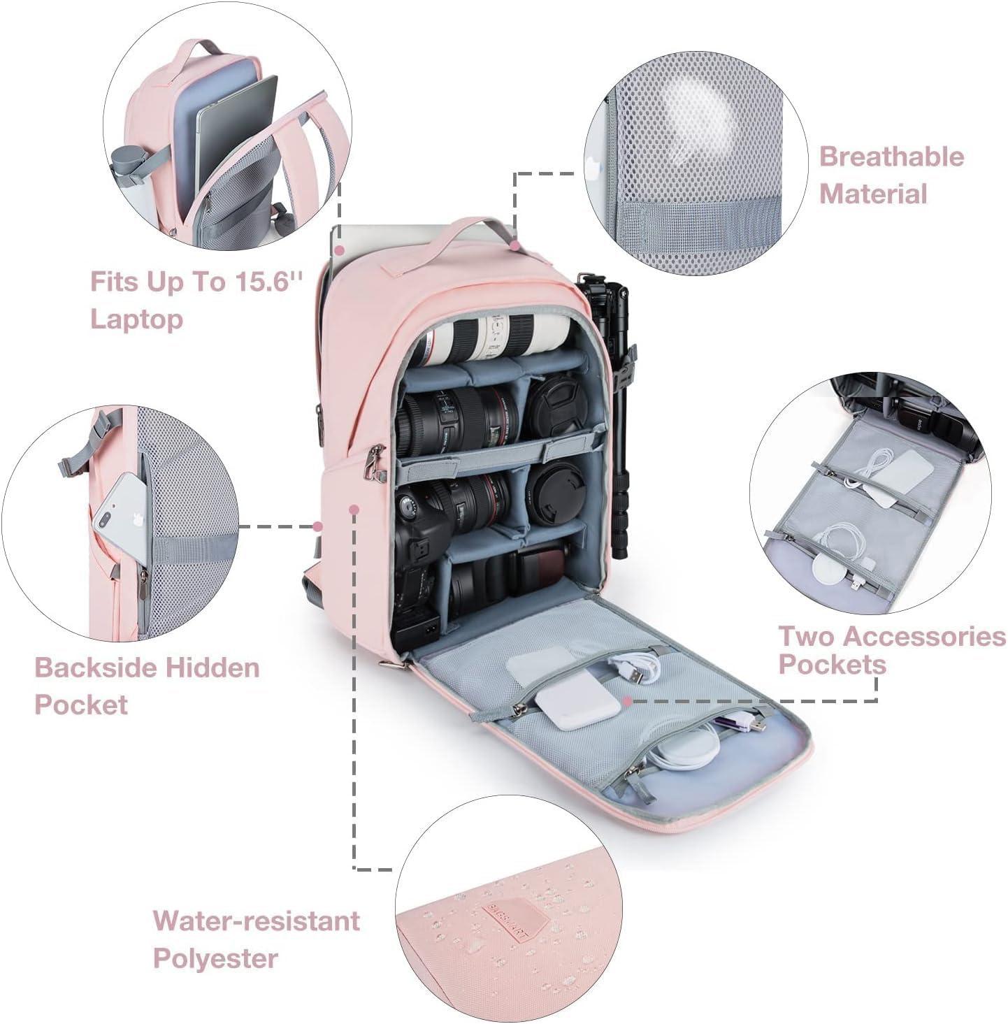 image:imageBAGSMART Camera Bag DSLR SLR Camera Backpack Fits up to 156 Laptop Camera Case for Photographers with Waterproof Rain Cover Tripod Holder BlackPink