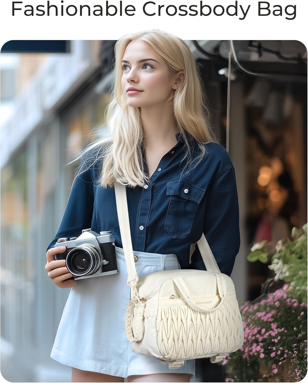 image:imageBAGSMART Camera Sling Bag Portable Small Camera Bags for Photographers with Tripod Holder Waterproof DSLRSLRCute Camera Case for Women with Rain Cover Compatible with Sony Canon Nikon BeigeBrown
