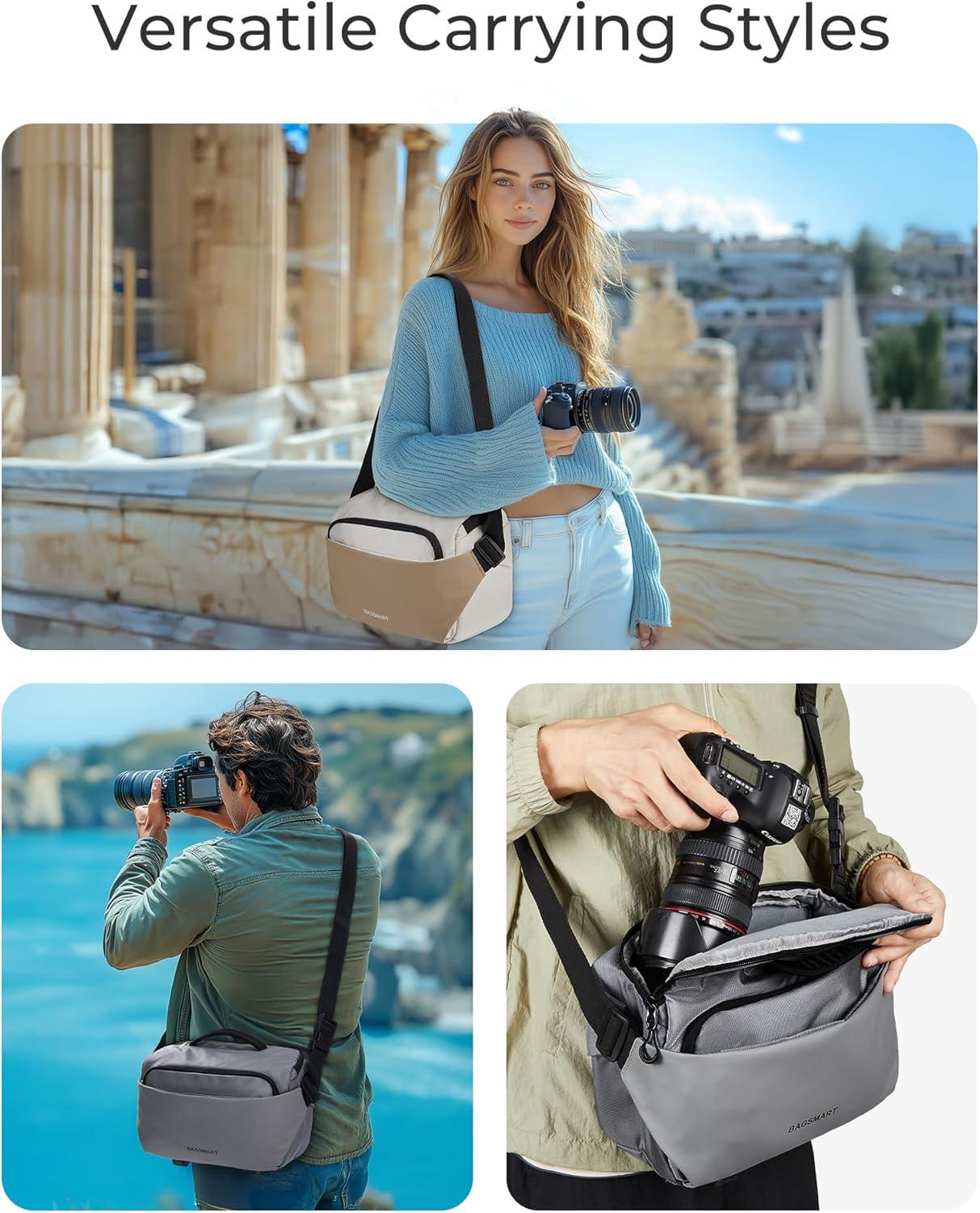 image:imageBAGSMART Camera Sling Bag Small Camera Bags for Photographers with Tripod Holder Waterproof DSLRSLRMirrorless Camera Bags Crossbody with Rain Cover Compatible with Canon Sony Nikon GrayBeige