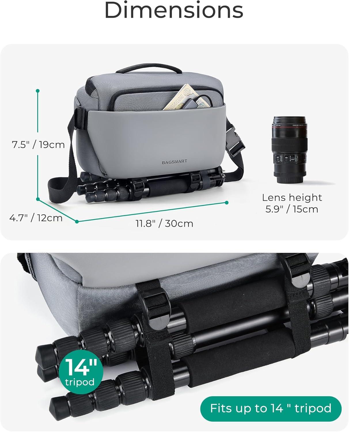 image:imageBAGSMART Camera Sling Bag Small Camera Bags for Photographers with Tripod Holder Waterproof DSLRSLRMirrorless Camera Bags Crossbody with Rain Cover Compatible with Canon Sony Nikon GrayGray
