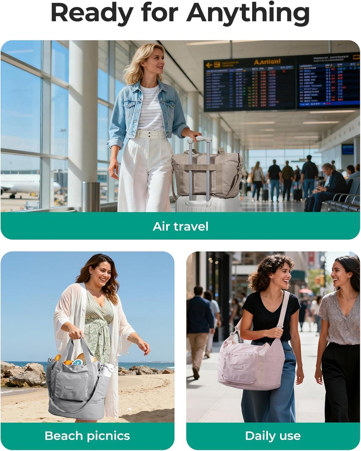 image:imageBAGSMART Foldable Travel Bag 37L Duffle Bag for Travel Expendable Carry on Weekender Duffel Lightweight Personal Item Bag BlackIvory White