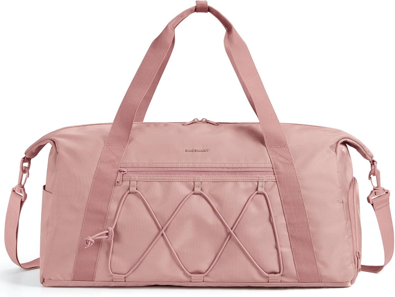 image:imageBAGSMART Gym Bag With Shoe Compartment amp Wet Pocket Lightweight Sports Travel Duffel Bag Carry On Bag Weekender Overnight Bag Water Resistant Sports Gym Tote Bags Swimming Yoga Almond OilDark Pink