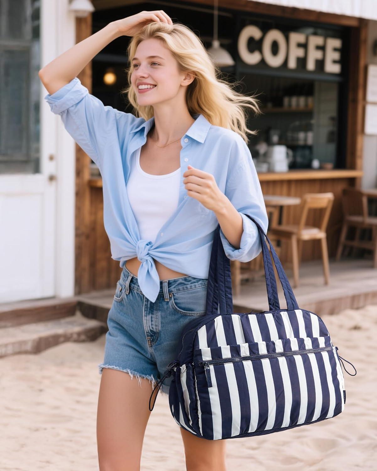 image:imageBAGSMART Gym Bag for Women Duffle Bag for Travel with Wet Pocket Lightweight Carry on Weekender Duffel Water ResistantCoastal Stripe