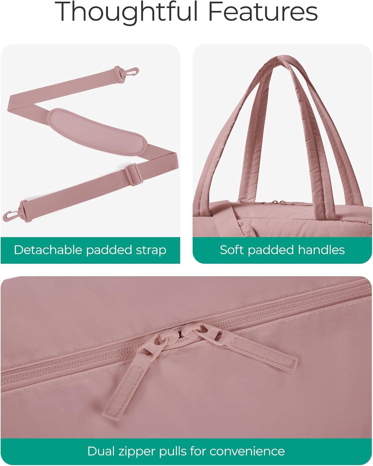 image:imageBAGSMART Gym Bag for Women Lightweight Puffer Duffle Bag 2PC Travel Bag 31L Weekender Overnight Bag Quilted Carry On Tote Bag Diaper Hospital Dance bag for Travel Gym Water Resistant CamelDull Pink
