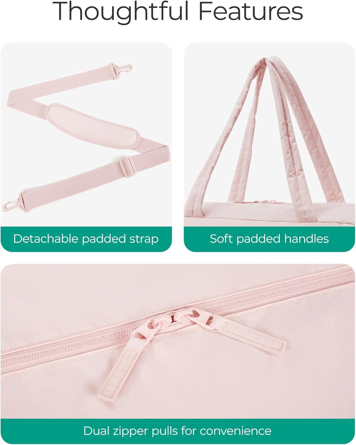 image:imageBAGSMART Gym Bag for Women Lightweight Puffer Duffle Bag 2PC Travel Bag 31L Weekender Overnight Bag Quilted Carry On Tote Bag Diaper Hospital Dance bag for Travel Gym Water Resistant CamelBaby Pink