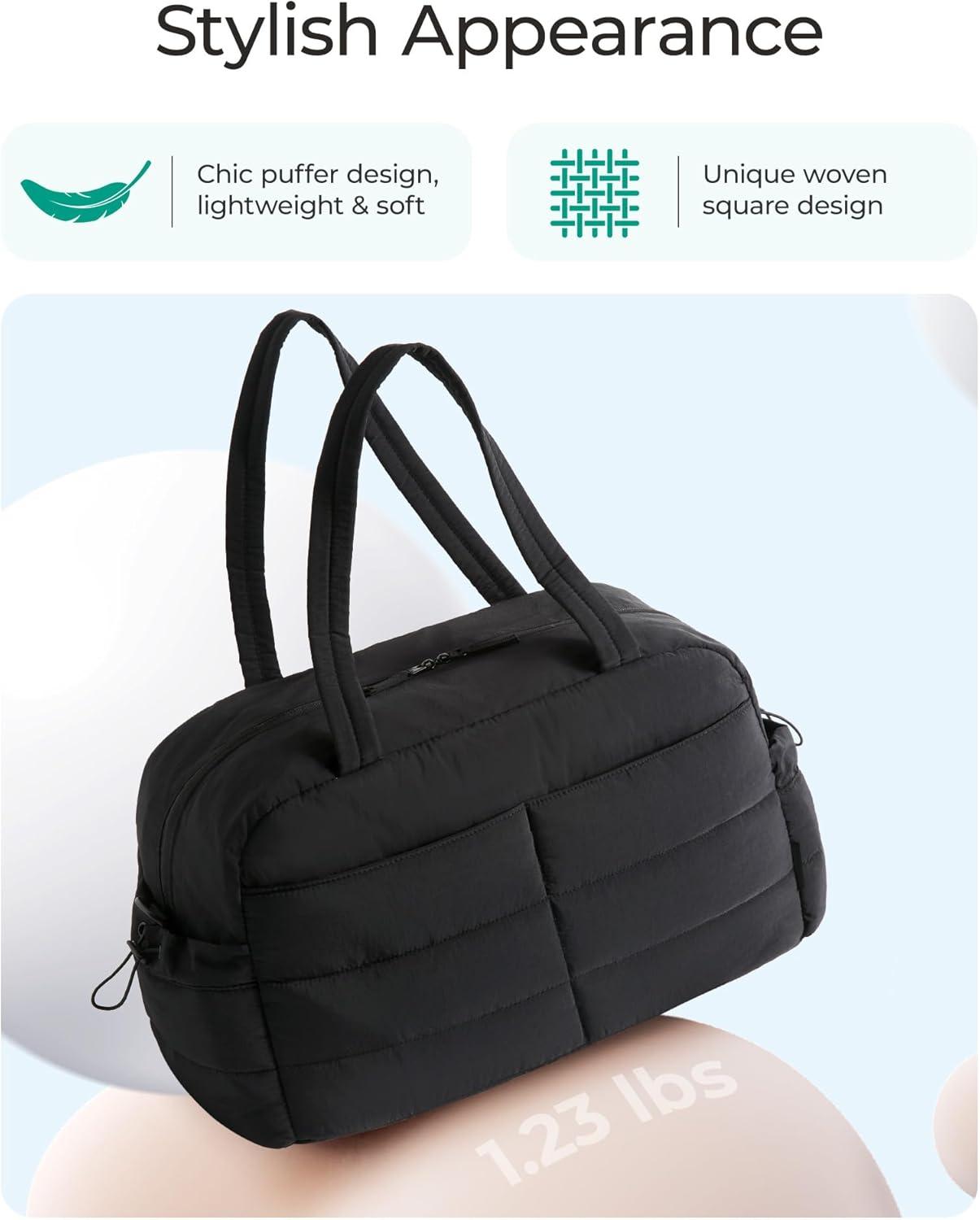 image:imageBAGSMART Gym Bag for Women Lightweight Puffer Duffle Bag 2PC Travel Bag 31L Weekender Overnight Bag Quilted Carry On Tote Bag Diaper Hospital Dance bag for Travel Gym Water Resistant CamelBlack