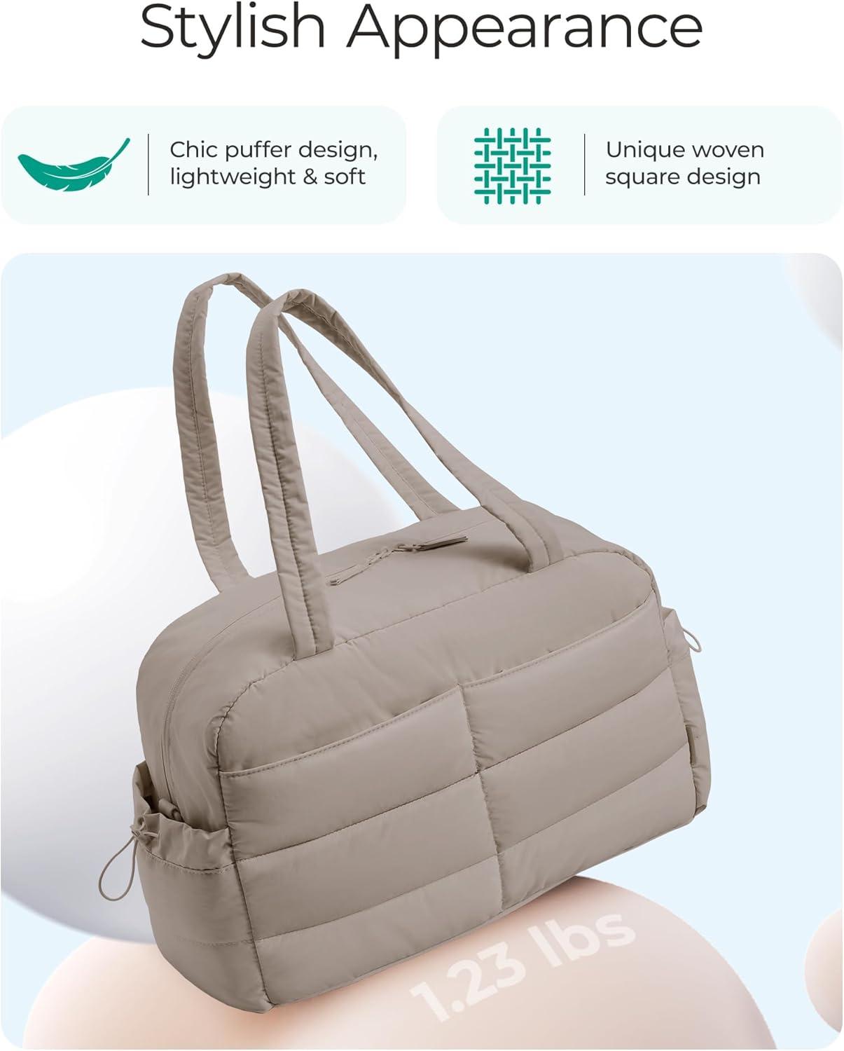 image:imageBAGSMART Gym Bag for Women Lightweight Puffer Duffle Bag 2PC Travel Bag 31L Weekender Overnight Bag Quilted Carry On Tote Bag Diaper Hospital Dance bag for Travel Gym Water Resistant CamelCamel