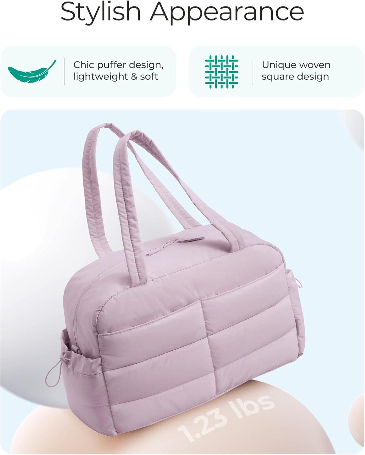 image:imageBAGSMART Gym Bag for Women Lightweight Puffer Duffle Bag 2PC Travel Bag 31L Weekender Overnight Bag Quilted Carry On Tote Bag Diaper Hospital Dance bag for Travel Gym Water Resistant CamelMisty Purple