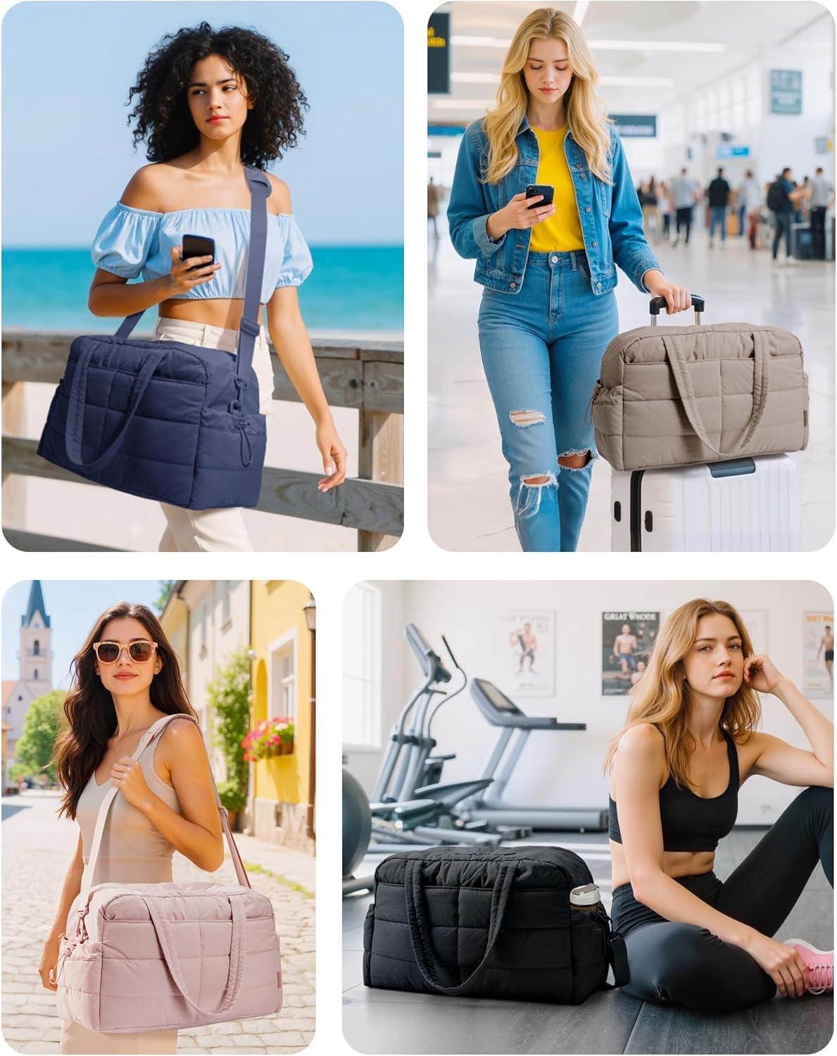 image:imageBAGSMART Gym Bag for Women Lightweight Puffer Duffle Bag 2PC Travel Bag 31L Weekender Overnight Bag Quilted Carry On Tote Bag Diaper Hospital Dance bag for Travel Gym Water Resistant CamelMisty Purple