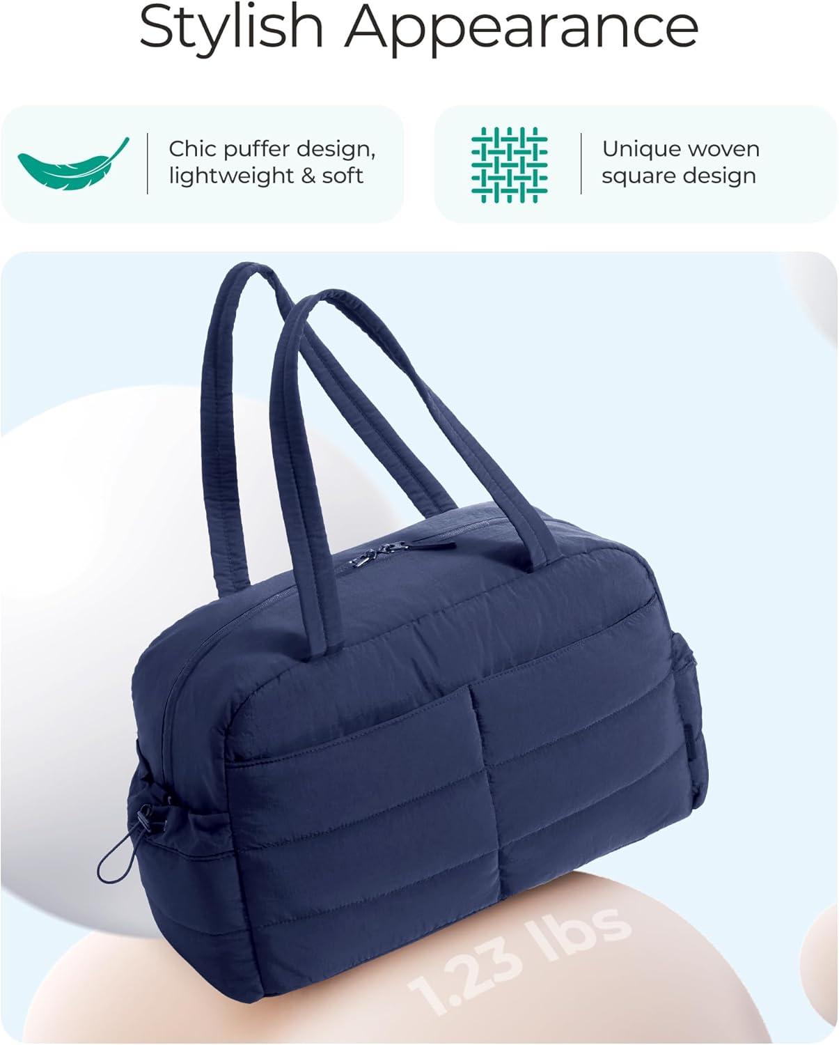 image:imageBAGSMART Gym Bag for Women Lightweight Puffer Duffle Bag 2PC Travel Bag 31L Weekender Overnight Bag Quilted Carry On Tote Bag Diaper Hospital Dance bag for Travel Gym Water Resistant CamelNavy Blue