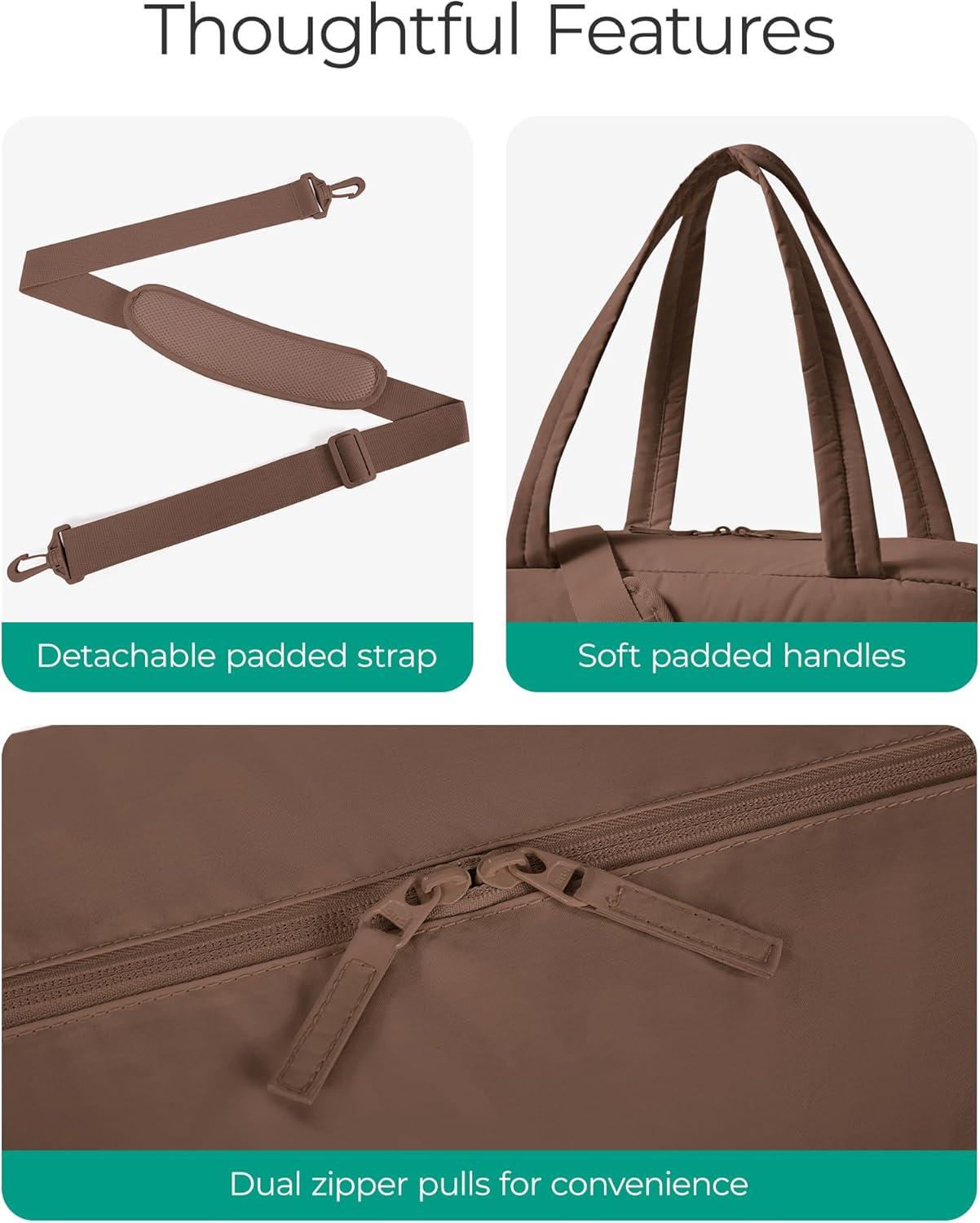 image:imageBAGSMART Gym Bag for Women Lightweight Puffer Duffle Bag 2PC Travel Bag 31L Weekender Overnight Bag Quilted Carry On Tote Bag Diaper Hospital Dance bag for Travel Gym Water Resistant CamelCoffee Brown