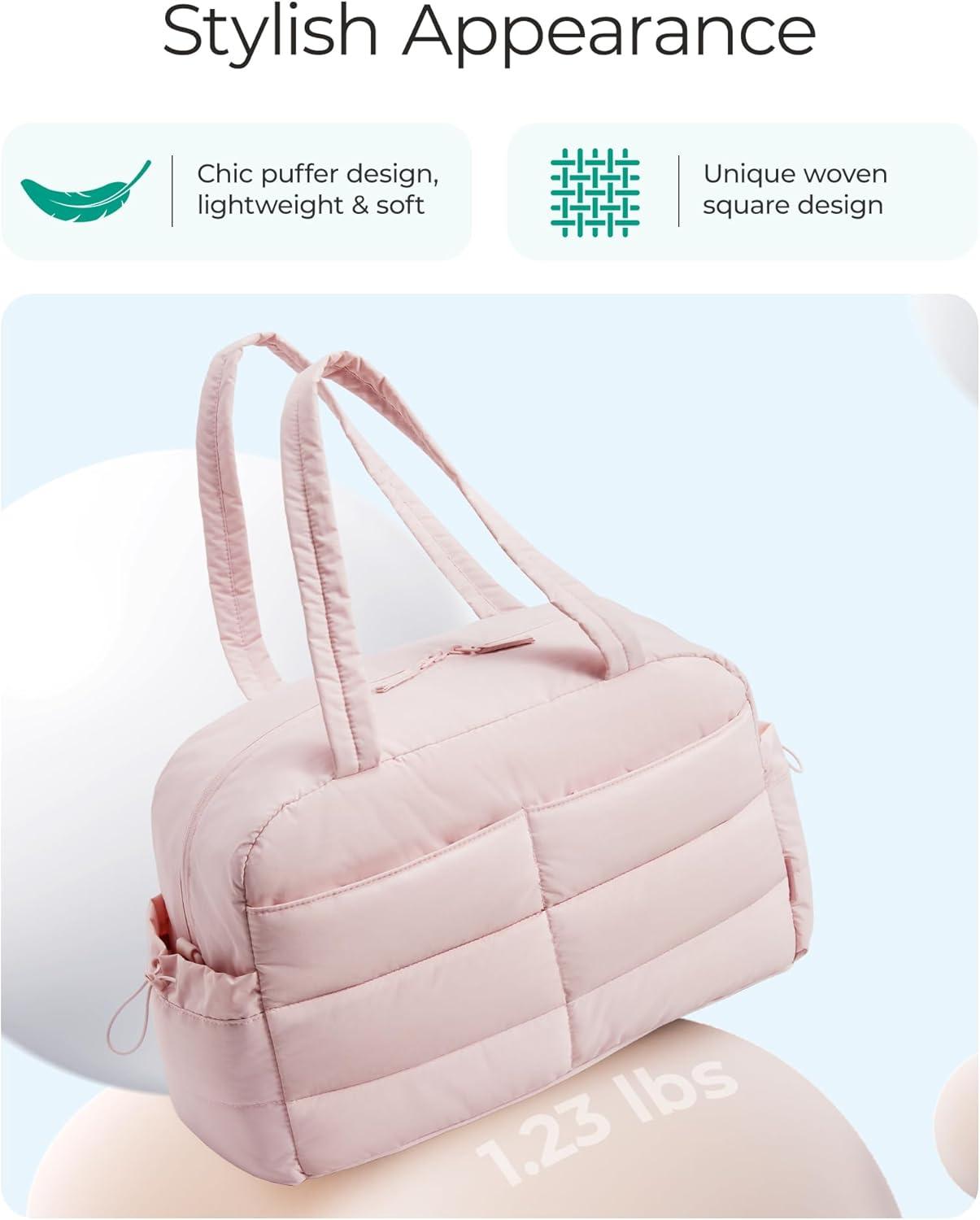 image:imageBAGSMART Gym Bag for Women Lightweight Puffer Duffle Bag 2PC Travel Bag 31L Weekender Overnight Bag Quilted Carry On Tote Bag Diaper Hospital Dance bag for Travel Gym Water Resistant CamelBaby Pink