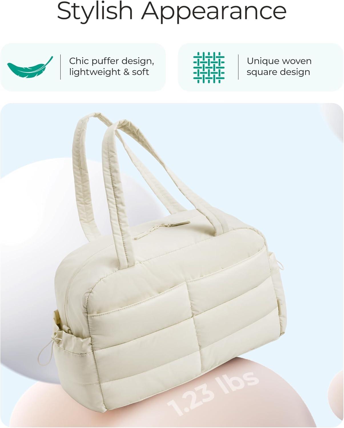 image:imageBAGSMART Gym Bag for Women Lightweight Puffer Duffle Bag 2PC Travel Bag 31L Weekender Overnight Bag Quilted Carry On Tote Bag Diaper Hospital Dance bag for Travel Gym Water Resistant CamelBeige