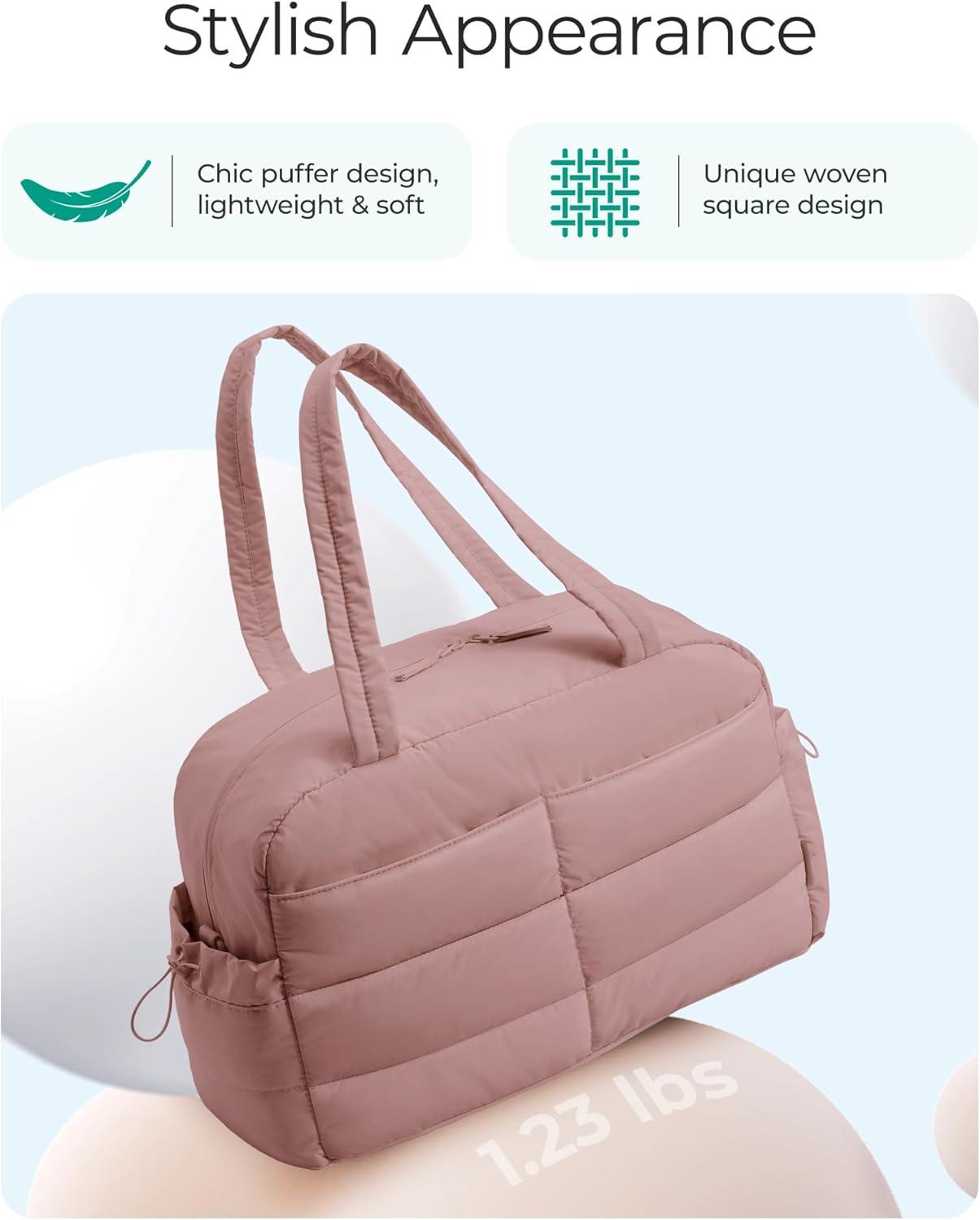 image:imageBAGSMART Gym Bag for Women Lightweight Puffer Duffle Bag 2PC Travel Bag 31L Weekender Overnight Bag Quilted Carry On Tote Bag Diaper Hospital Dance bag for Travel Gym Water Resistant CamelDull Pink
