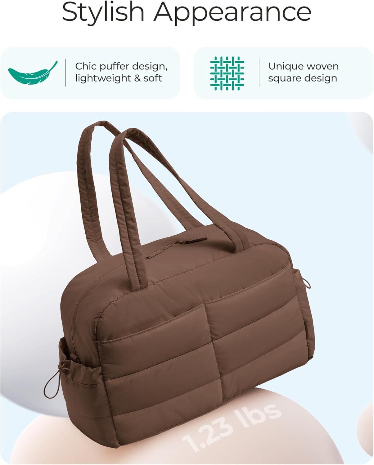 image:imageBAGSMART Gym Bag for Women Lightweight Puffer Duffle Bag 2PC Travel Bag 31L Weekender Overnight Bag Quilted Carry On Tote Bag Diaper Hospital Dance bag for Travel Gym Water Resistant CamelCoffee Brown