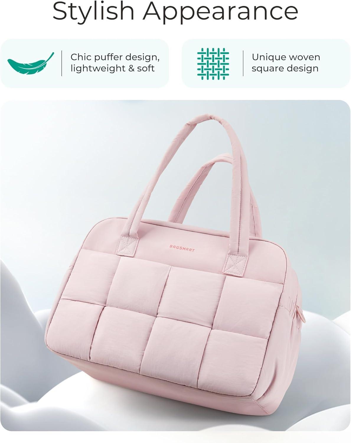 image:imageBAGSMART Gym Bag for Women Personal Item Puffer Duffle Bag Weekender Overnight Carry On Tote Handag for TravelBaby Pink