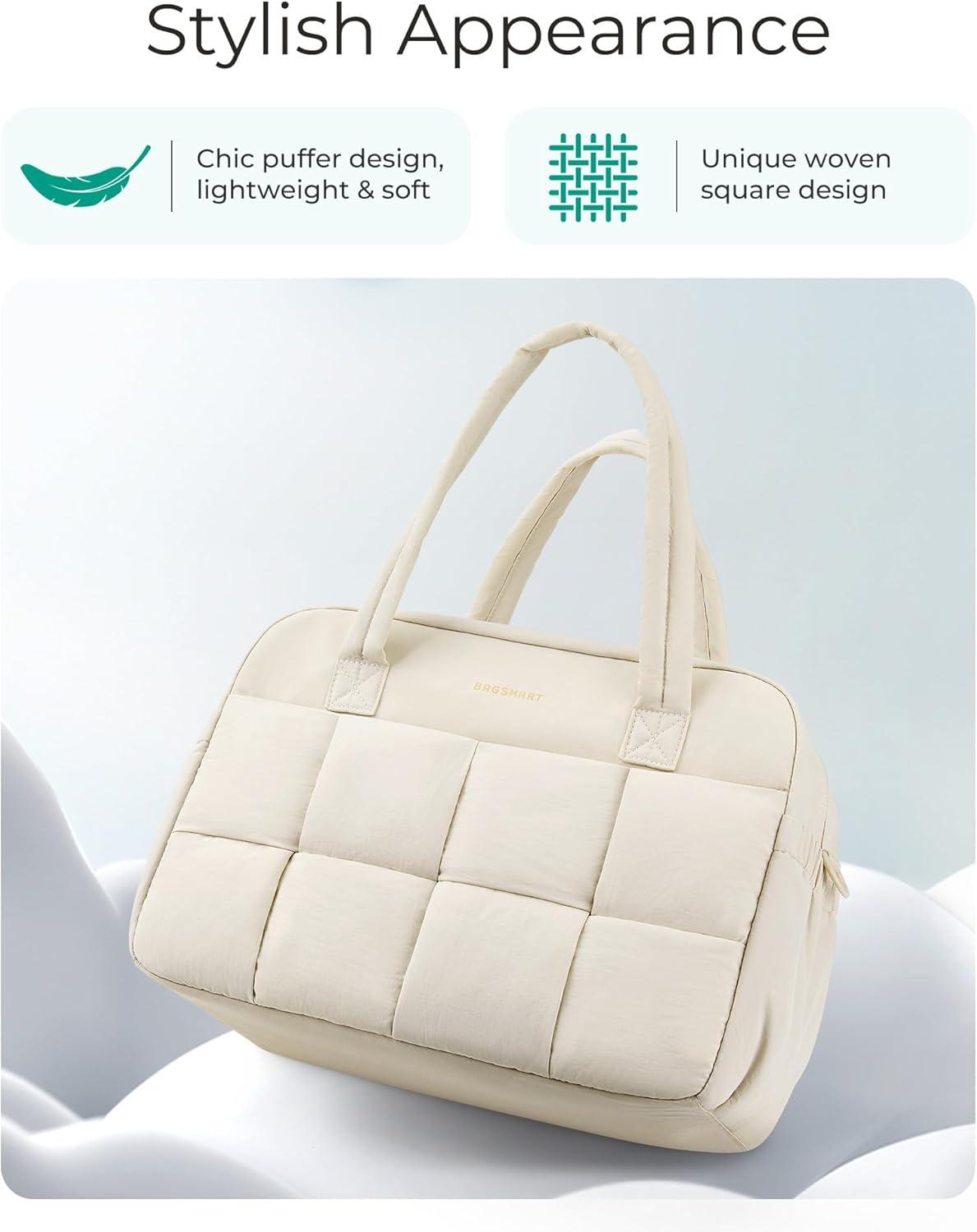 image:imageBAGSMART Gym Bag for Women Personal Item Puffer Duffle Bag Weekender Overnight Carry On Tote Handag for TravelBeige