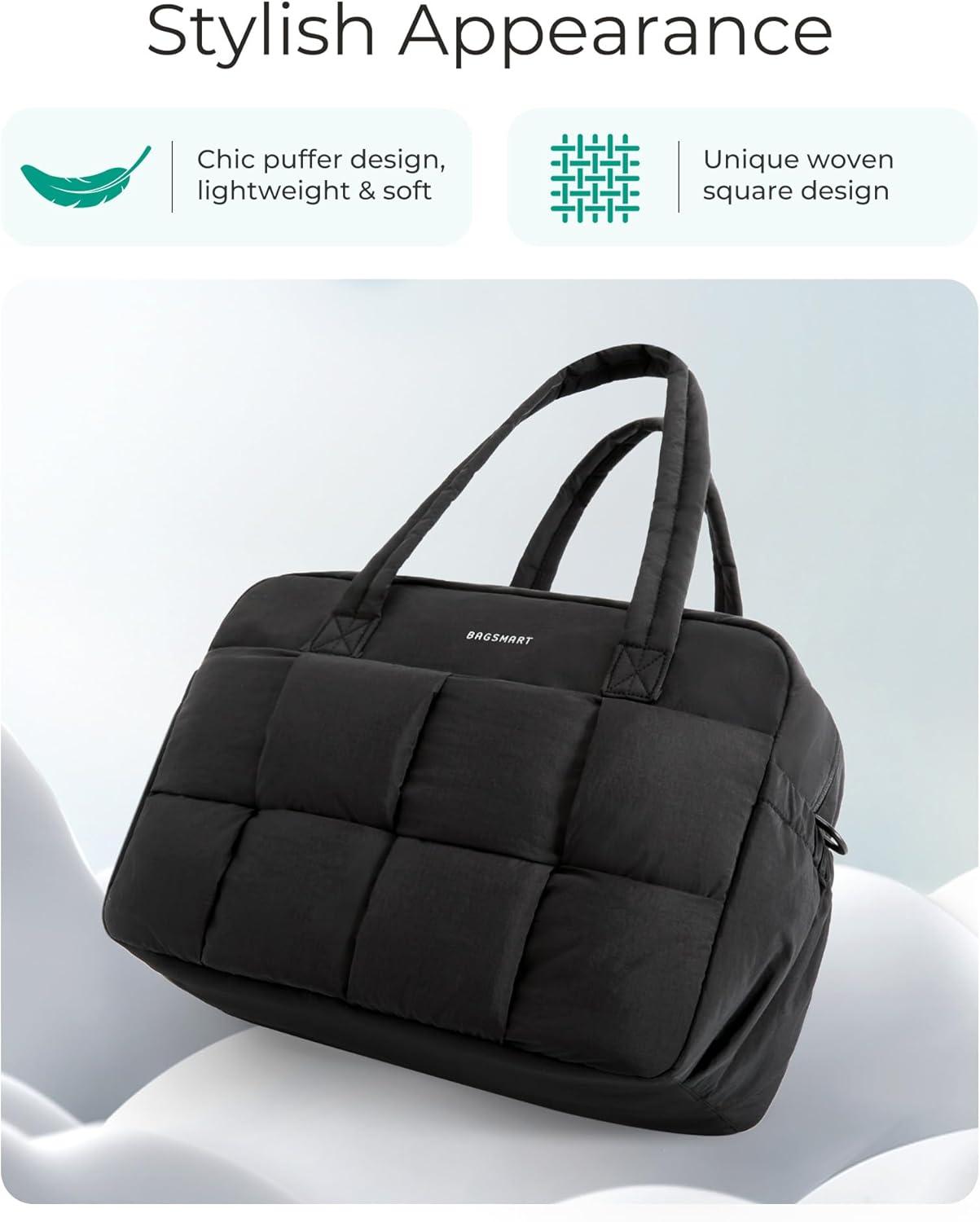 image:imageBAGSMART Gym Bag for Women Personal Item Puffer Duffle Bag Weekender Overnight Carry On Tote Handag for TravelBlack