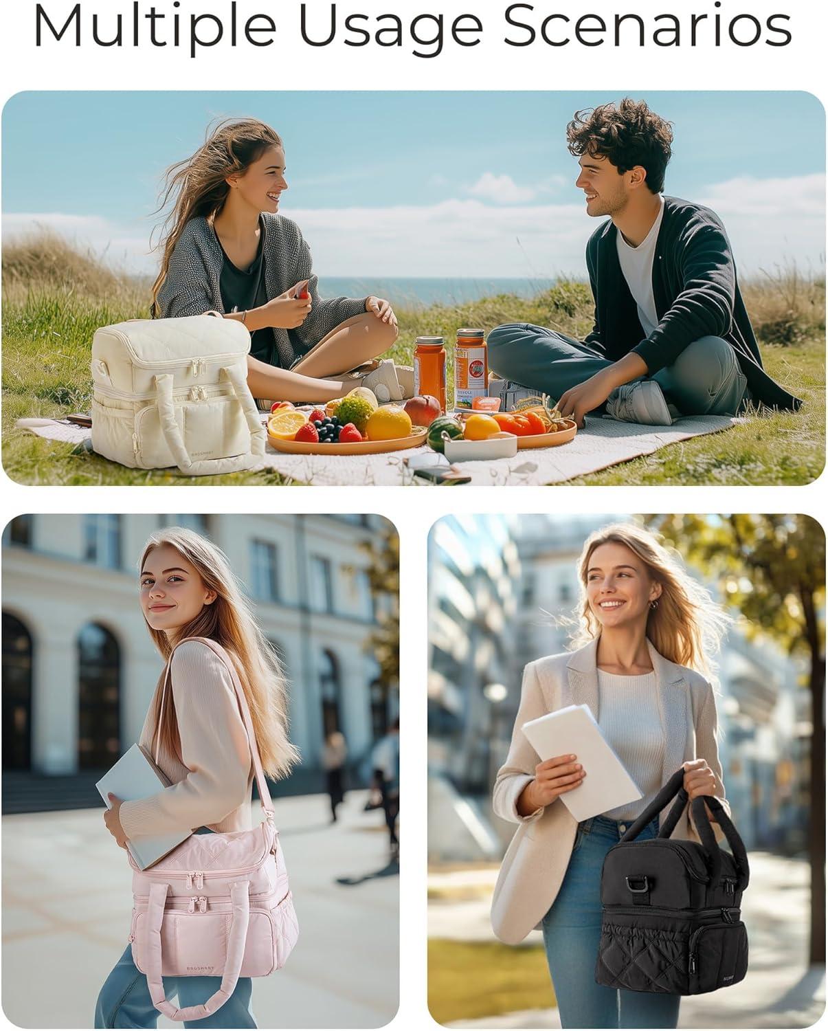 image:imageBAGSMART Insulated Lunch Bags for Women Cute Quilted Lunch Box Lightweight Puffy Padded Waterproof Lunch Tote Reusable Lunch Cooler for Work Picnic Travel BlackBeige