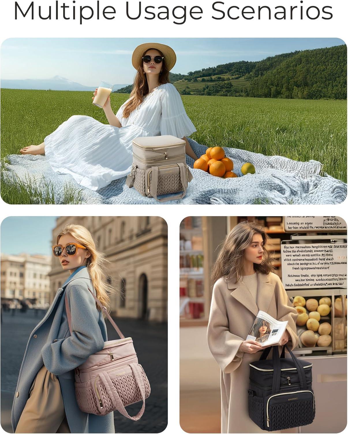 image:imageBAGSMART Insulated Lunch Box for Women Double Deck Leakproof Cooler Bag with Expandable Design for Office Work amp Outdoor PicnicCamel