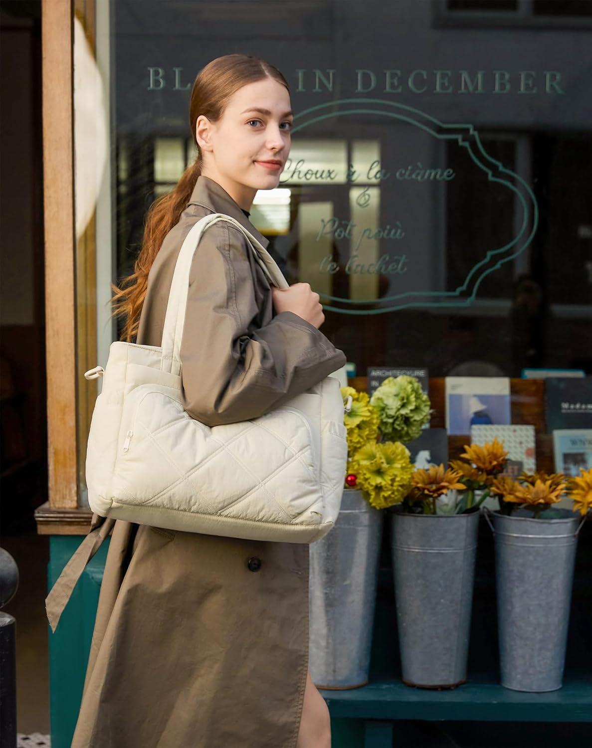 image:imageBAGSMART Lunch Bag Women Large Lunch Box Insulated Tote Bag with MultiPockets Quilted Puffy Tote for Work Outdoors02Brown