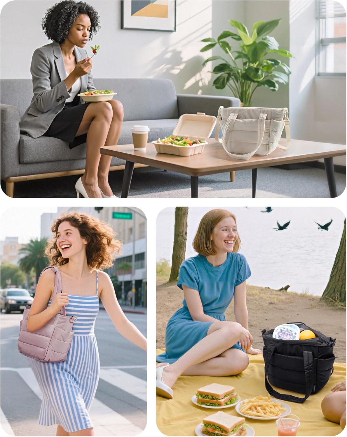 image:imageBAGSMART Lunch Bag Women Small Insulated Tote with Lunch Compartment Quilted Lightweight Puffy Tote Bag for Work Travel Outdoor Pink04Green