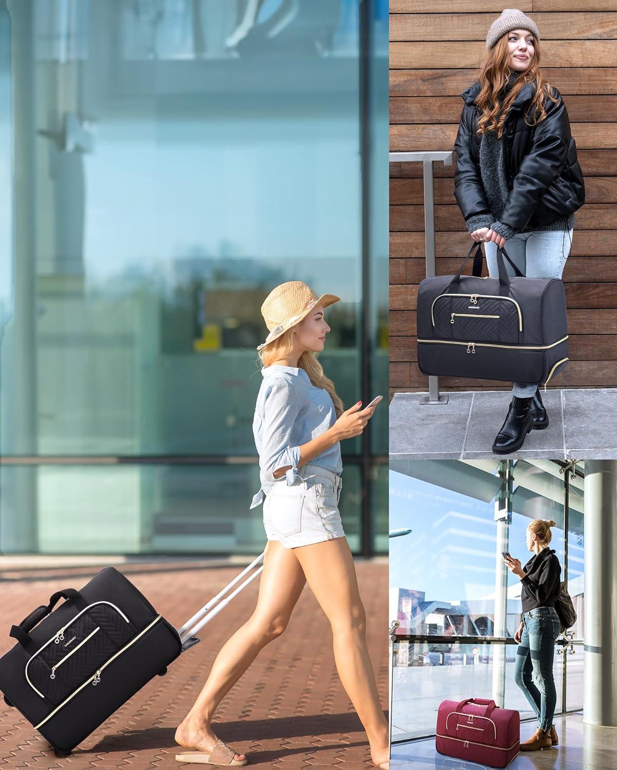 image:imageBAGSMART Rolling Duffle Bag with Wheels 45L Carryon Luggage Large Travel Bag with Shoes Compartment Weekender Overnight Bag for Travel Business TripsBlackNavy Blue
