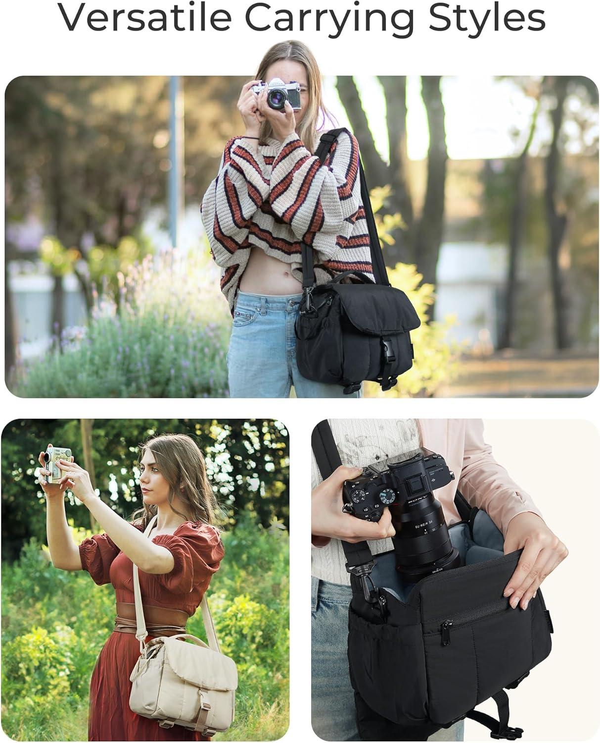 image:imageBAGSMART Small Camera Bag DSLR Camera Case for Camera Lens amp Accessories UltraLight Compact Crossbody Camcorder Bags with Rain CoverTripod Straps CamelBeige