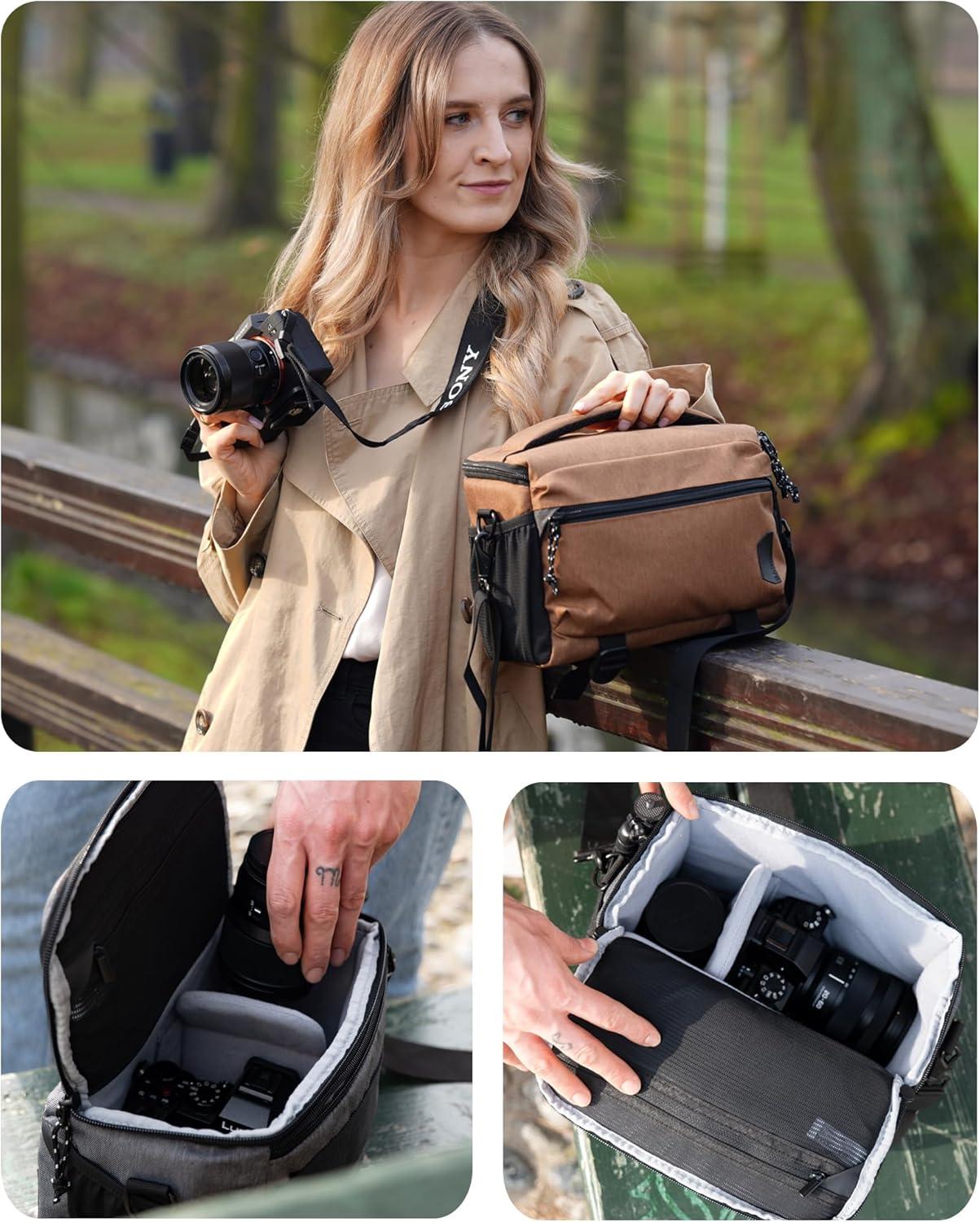 image:imageBAGSMART Small Camera Bag for Photographers Compact Camera Shoulder Bags for DSLRSLRMirrorless Cameras Waterproof Crossbody Camera Case with Tripod Holder Khaki