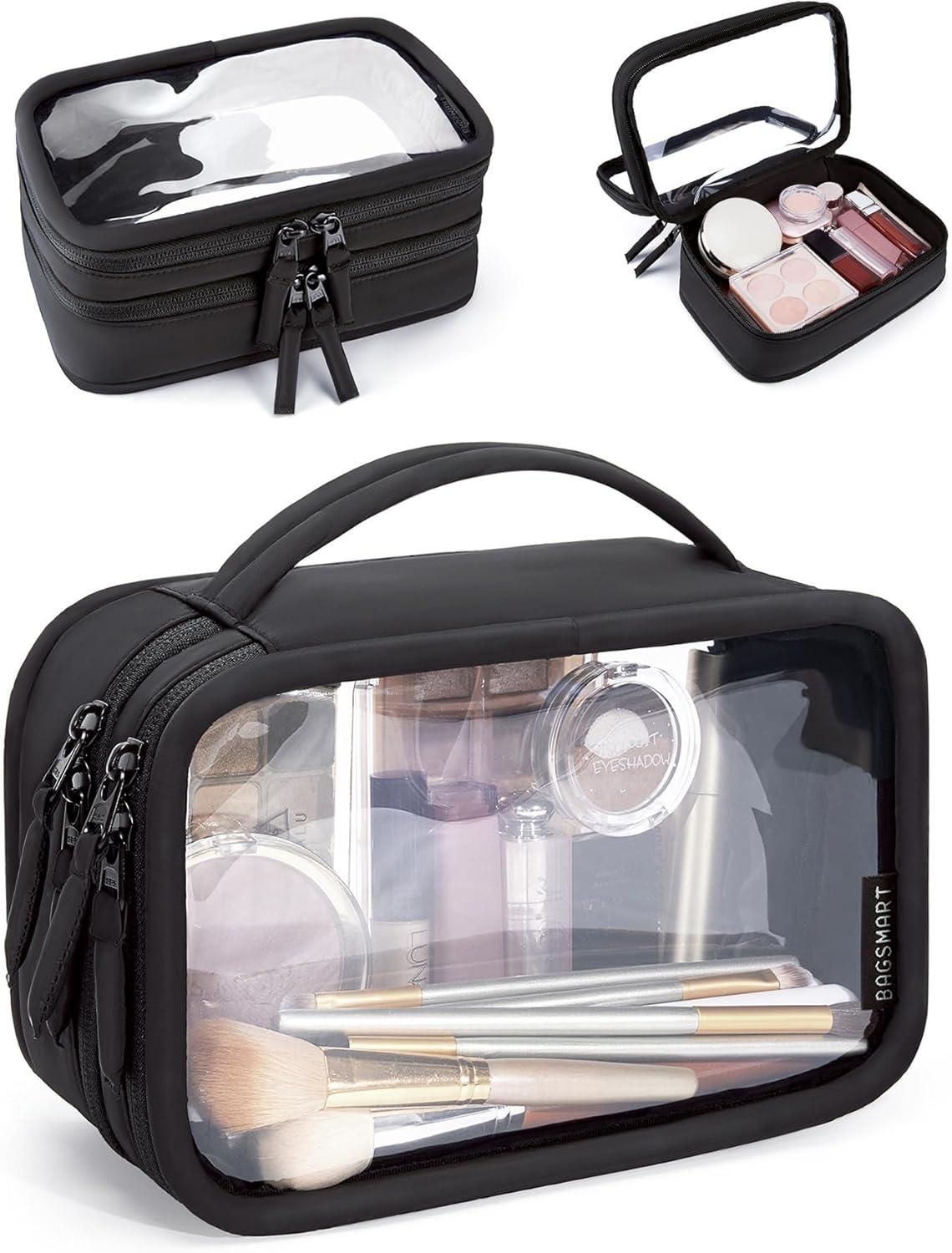 image:imageBAGSMART TSAApproved Toiletry Bag Large Opening Clear Makeup Bag with Handle Quart Sized Travel Toiletry Bag CarryOn Airline Compliant for Men and Women BlackBlack